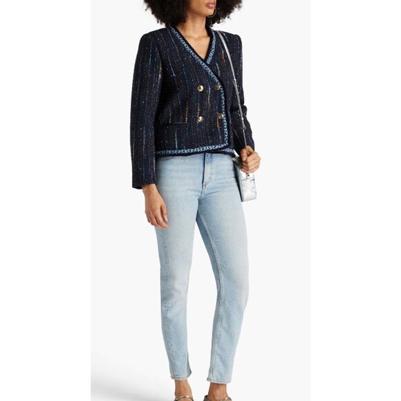 NWT Sandro Colibri Tweed Double-Breasted Jacket Navy Blue Marine Designer Size 8 - Picture 4 of 14